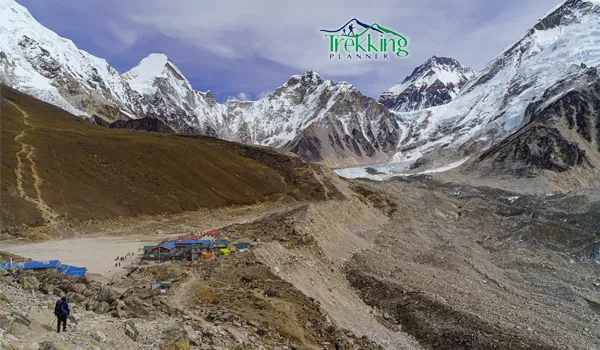 Trekkers crossing the icy Cho La Pass glacier during the Everest Base Camp Three Passes Trail trek.