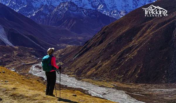 Hikers ascending a rocky trail toward Everest Base Camp with snow-covered peaks illustrating the altitude and trekking difficulty.