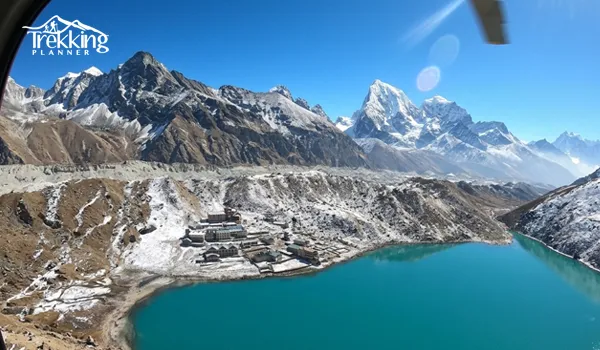 Everest View Trek with Gokyo Helicopter Tour route map showing Lukla, Phakding, Namche Bazaar, Everest View Hotel, Gokyo Lakes, and helicopter flight path in Nepal.