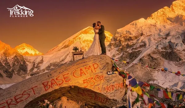 Luxury destination wedding route map to Everest Base Camp with Himalayan trekking path and ceremony location markers