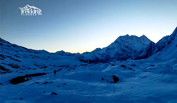 Panoramic view of Manaslu Base Camp surrounded by snow-capped peaks and glacier landscape