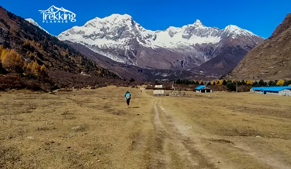 Trekkers walking along the scenic Manaslu Circuit Trail with Mount Manaslu in the background