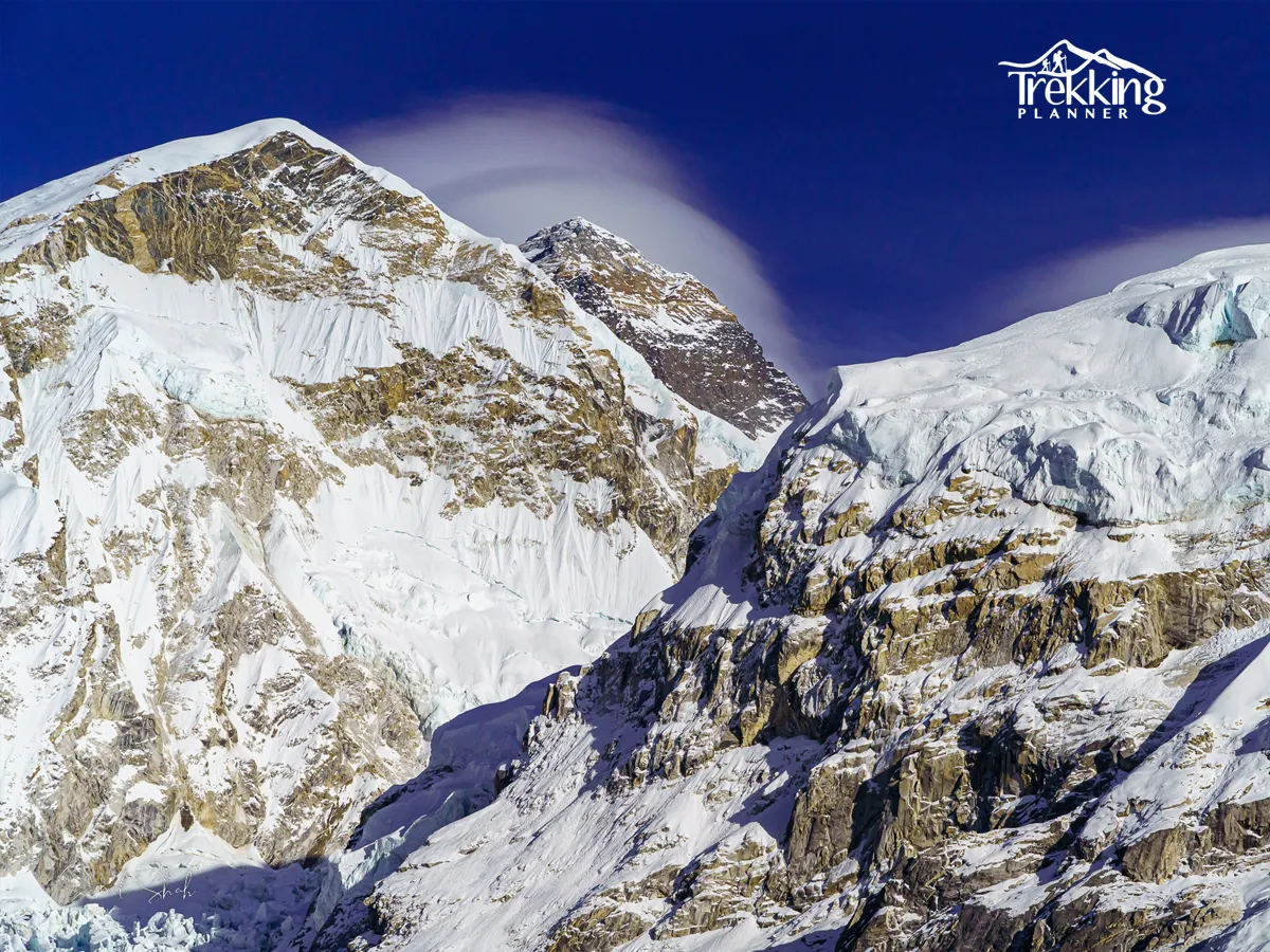 Aerial view of Everest Base Camp and Khumbu Glacier from a helicopter tour