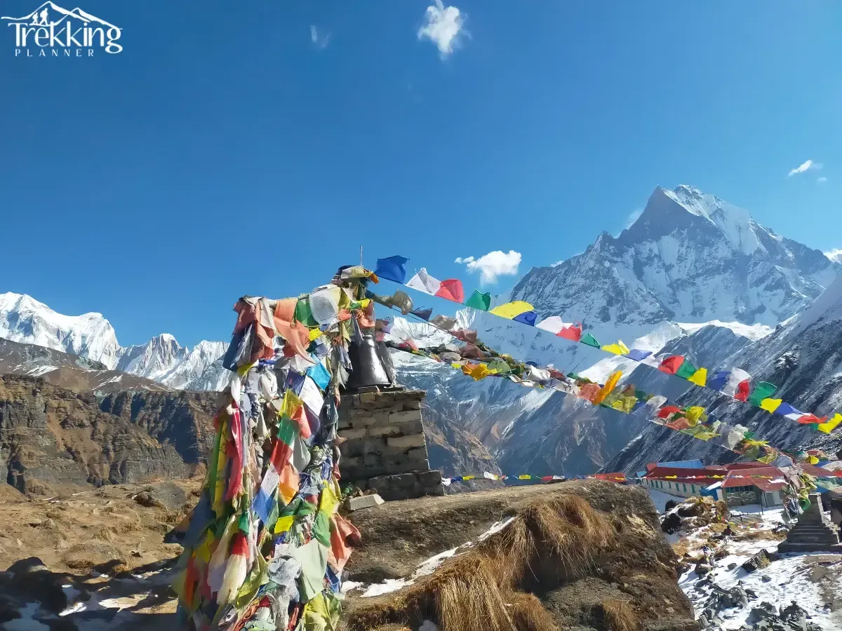 Prayer flags with Mount Machhapuchhre (Fishtail) seen during Annapurna Base Camp Trekking via Poon Hill in Nepal.