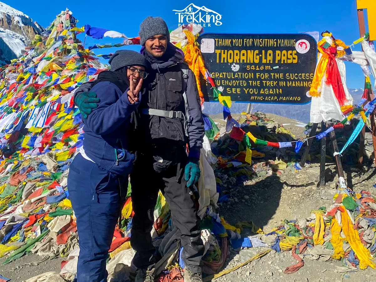 Trekkers at Thorong La Pass during the Annapurna Circuit Short Trek