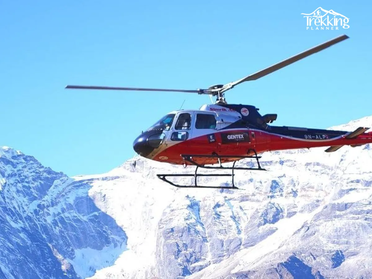 Aerial view of Annapurna Base Camp and Annapurna mountain range during a helicopter sightseeing tour