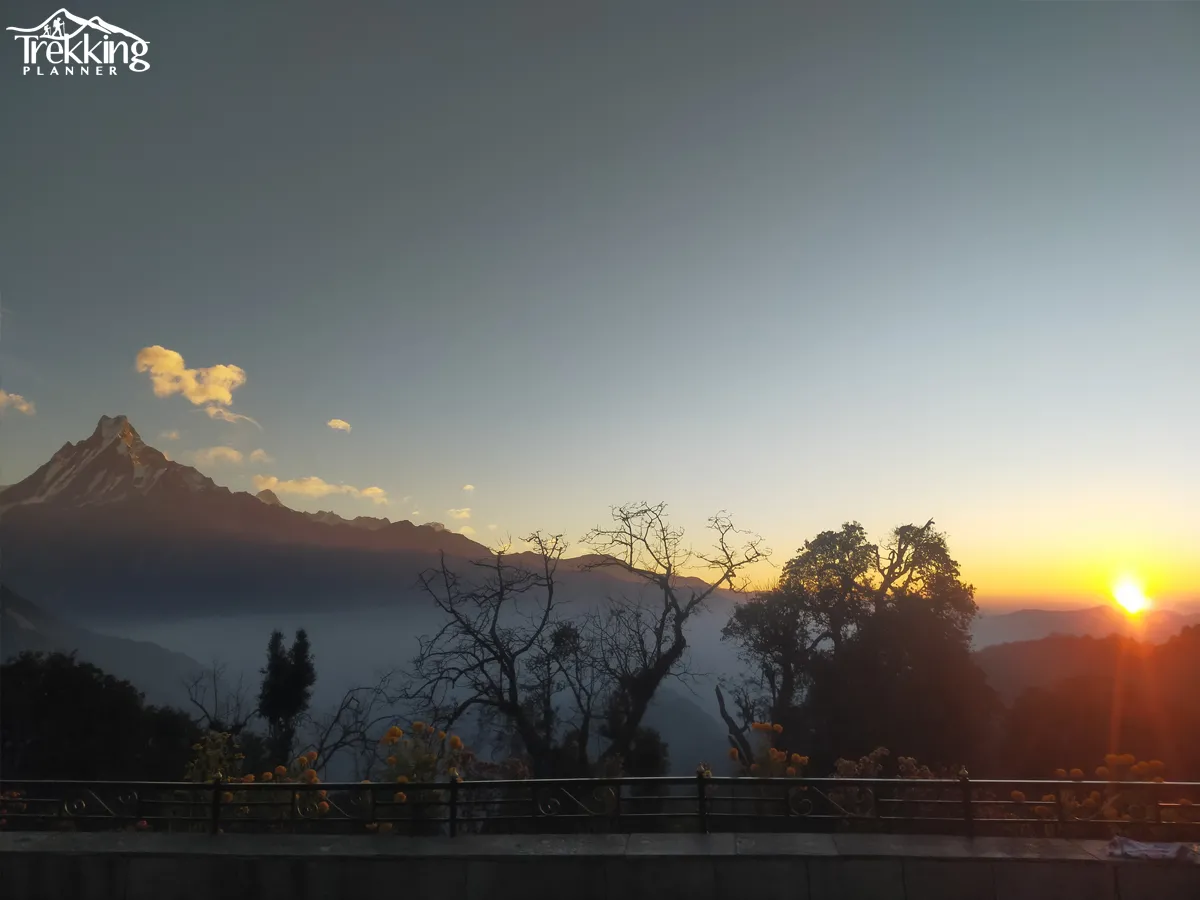 Golden sunset over Annapurna Himalayas seen from Annapurna Skyline Trek viewpoint