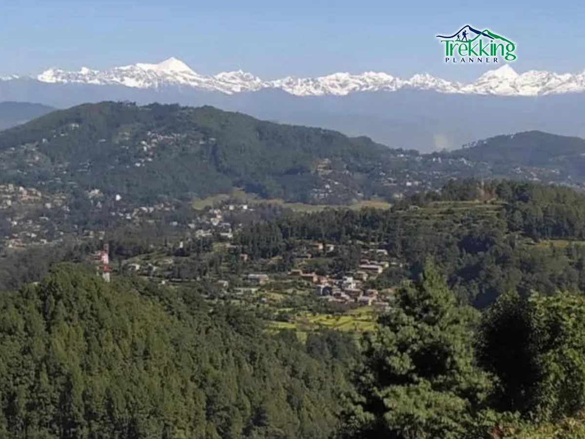 Panoramic view of Balthali Village during a hiking tour with Himalayan foothills in the background