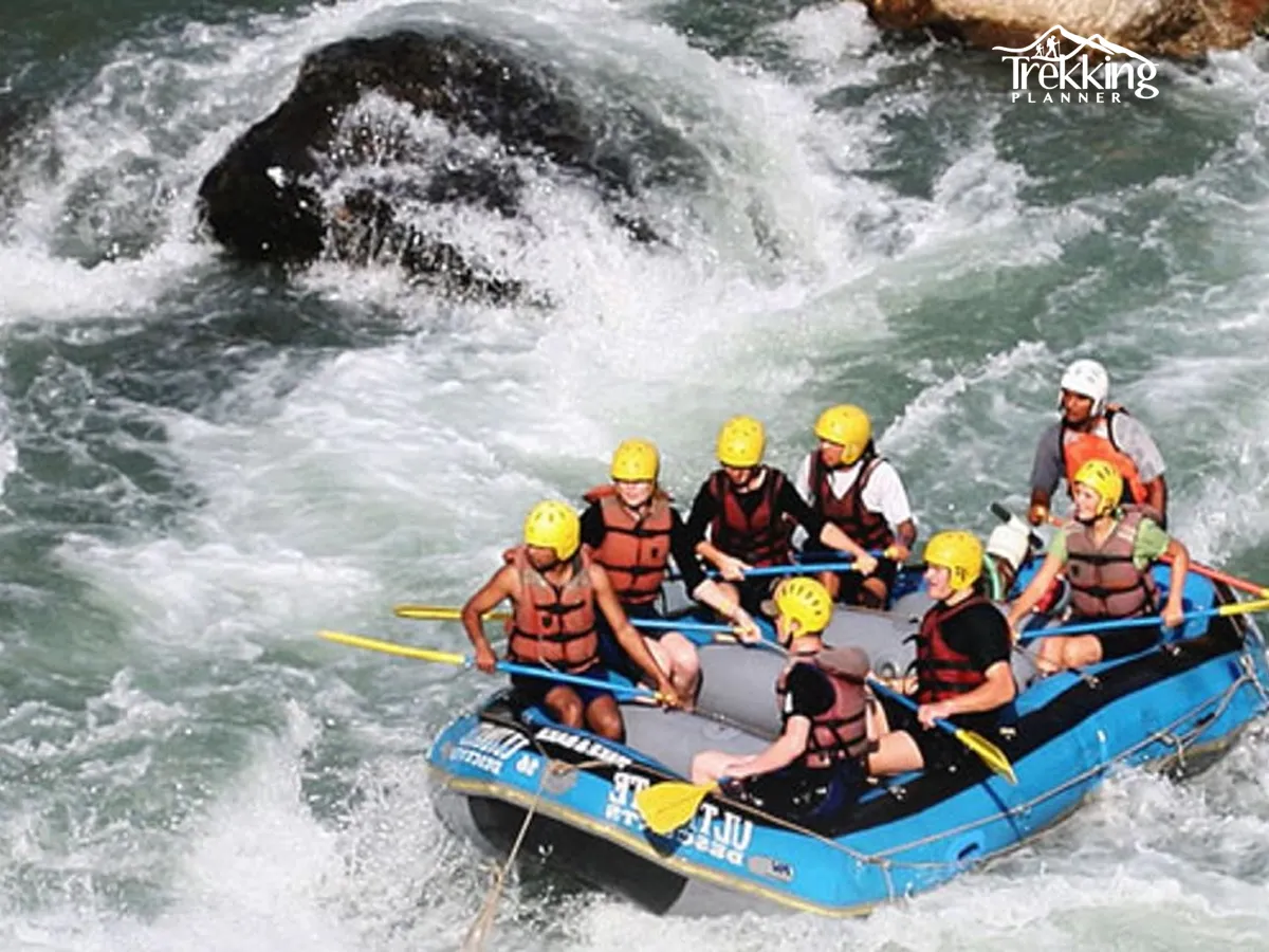 Bhote Koshi River rafting adventure in Nepal with white water rapids and rafters navigating strong currents