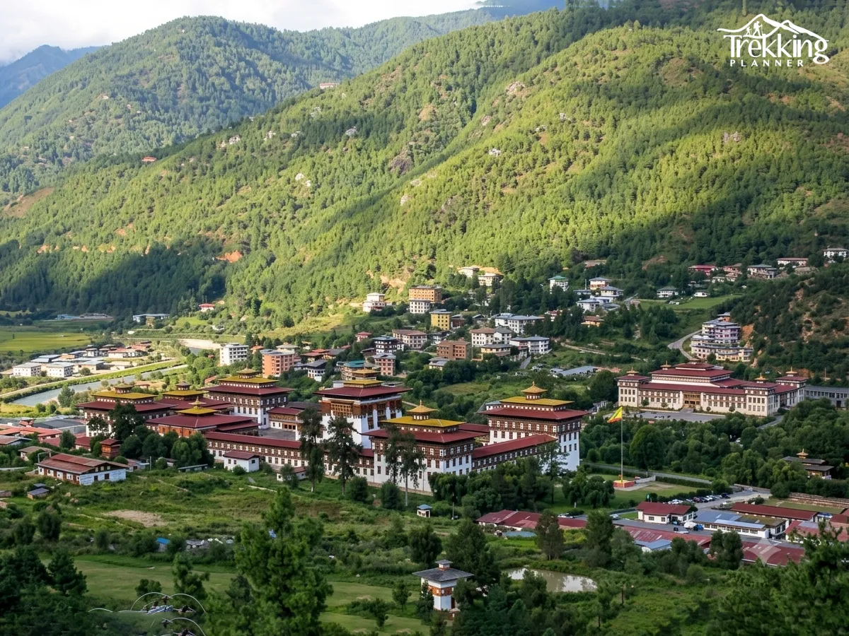 Scenic view of Thimphu Valley and Tashichho Dzong during a Bhutan tour