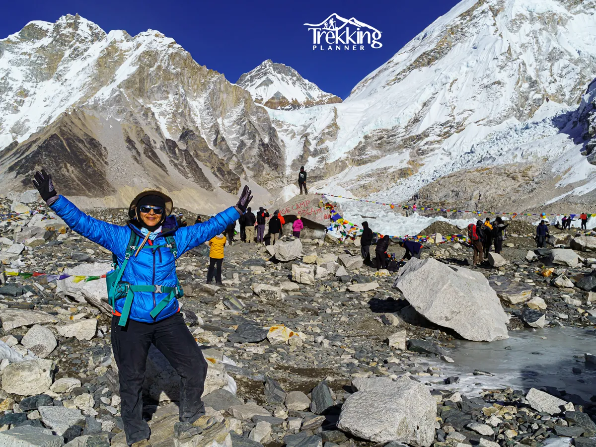 Group meditation during Everest Base Camp Yoga Trek at high altitude mountain trail in Nepal