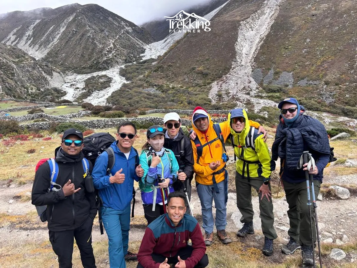 Trekking group on the Everest Base Camp by Road trail in the Khumbu region of Nepal