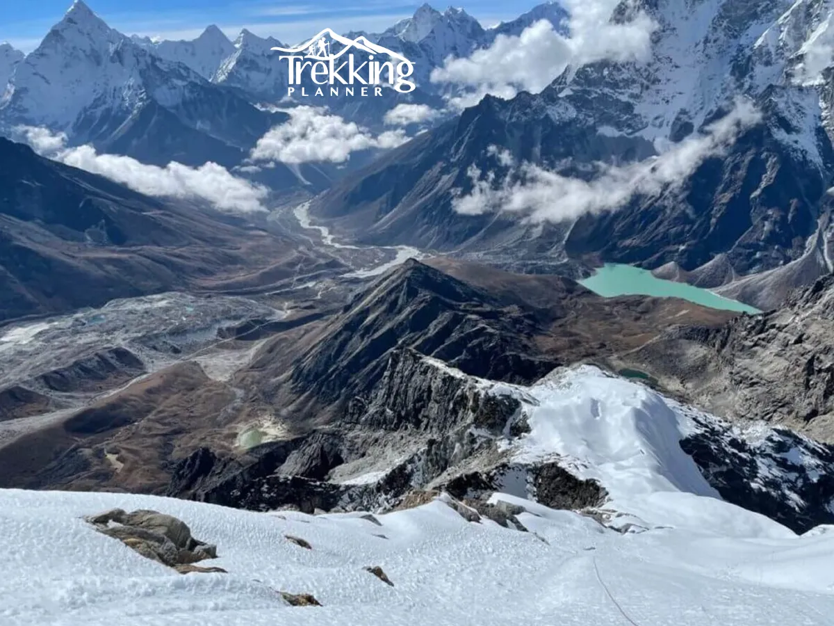 Trekkers following the climbing route from Everest Base Camp toward Lobuche Peak in Nepal
