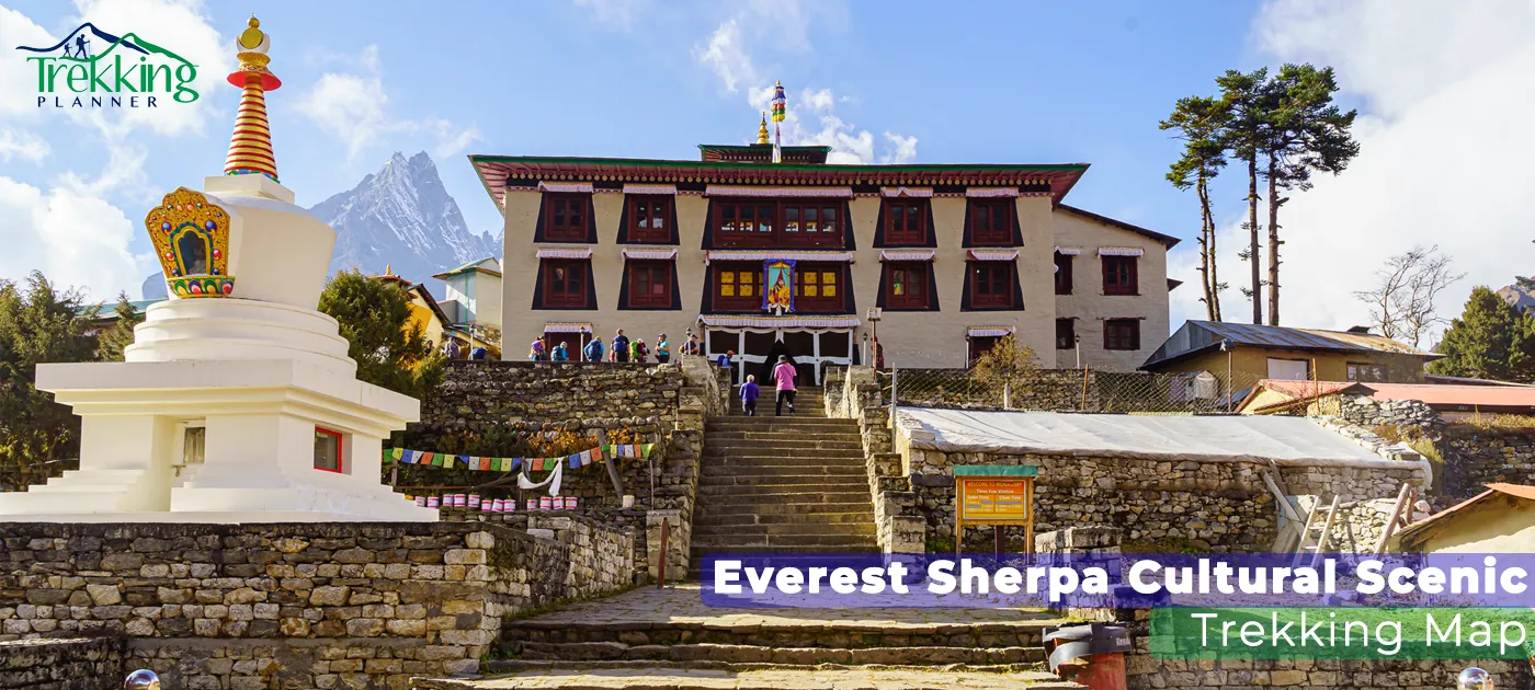 Everest Sherpa Cultural Scenic Trekking Map showing the trekking route through Lukla, Namche Bazaar, Khumjung, Thame, Phortse, Pangboche, and traditional Sherpa villages in the Khumbu region of Nepal.