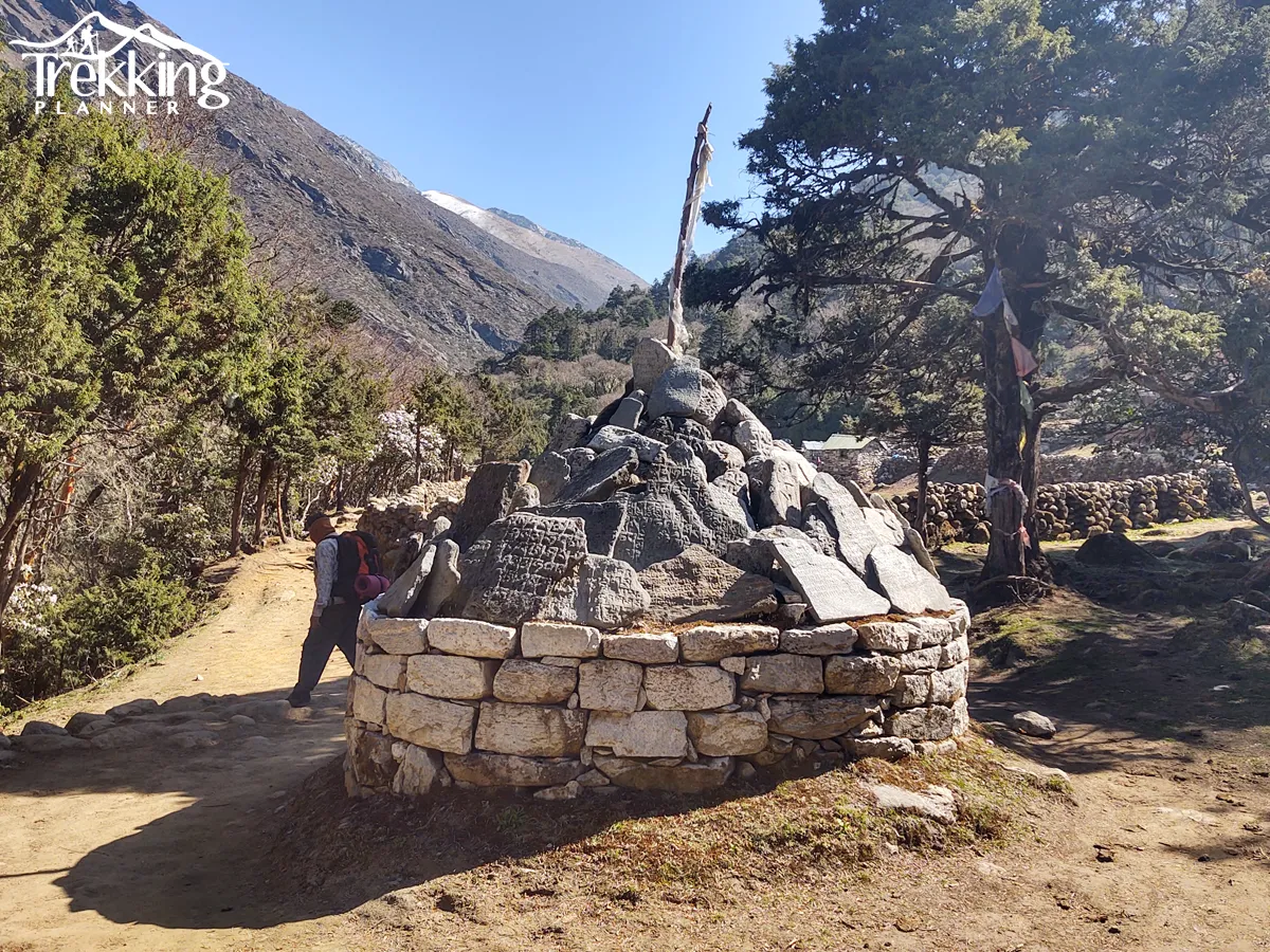 Traditional Sherpa village with stone houses and prayer flags along the Everest trekking route.