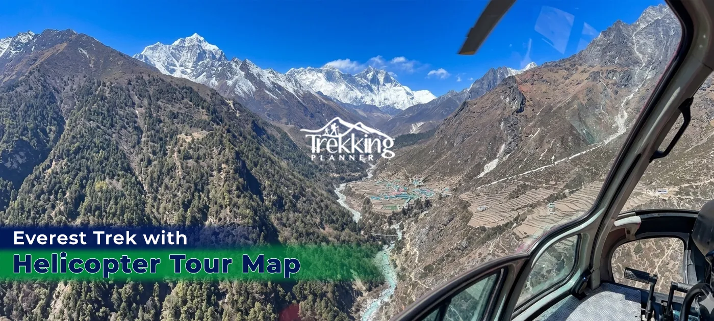 Everest Trek with Helicopter Tour route map showing Lukla, Namche Bazaar, Everest Base Camp, Kala Patthar, and helicopter return to Kathmandu