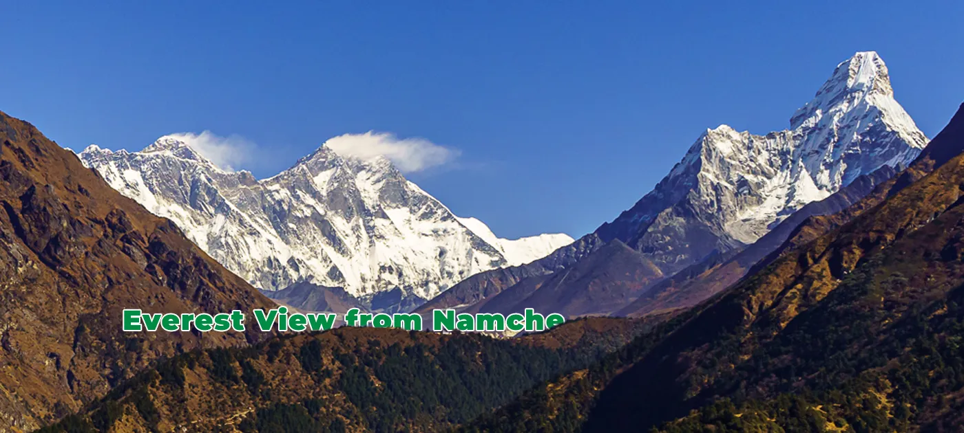 Morning view of Mount Everest and Himalayan range seen from Namche Bazaar clear sky