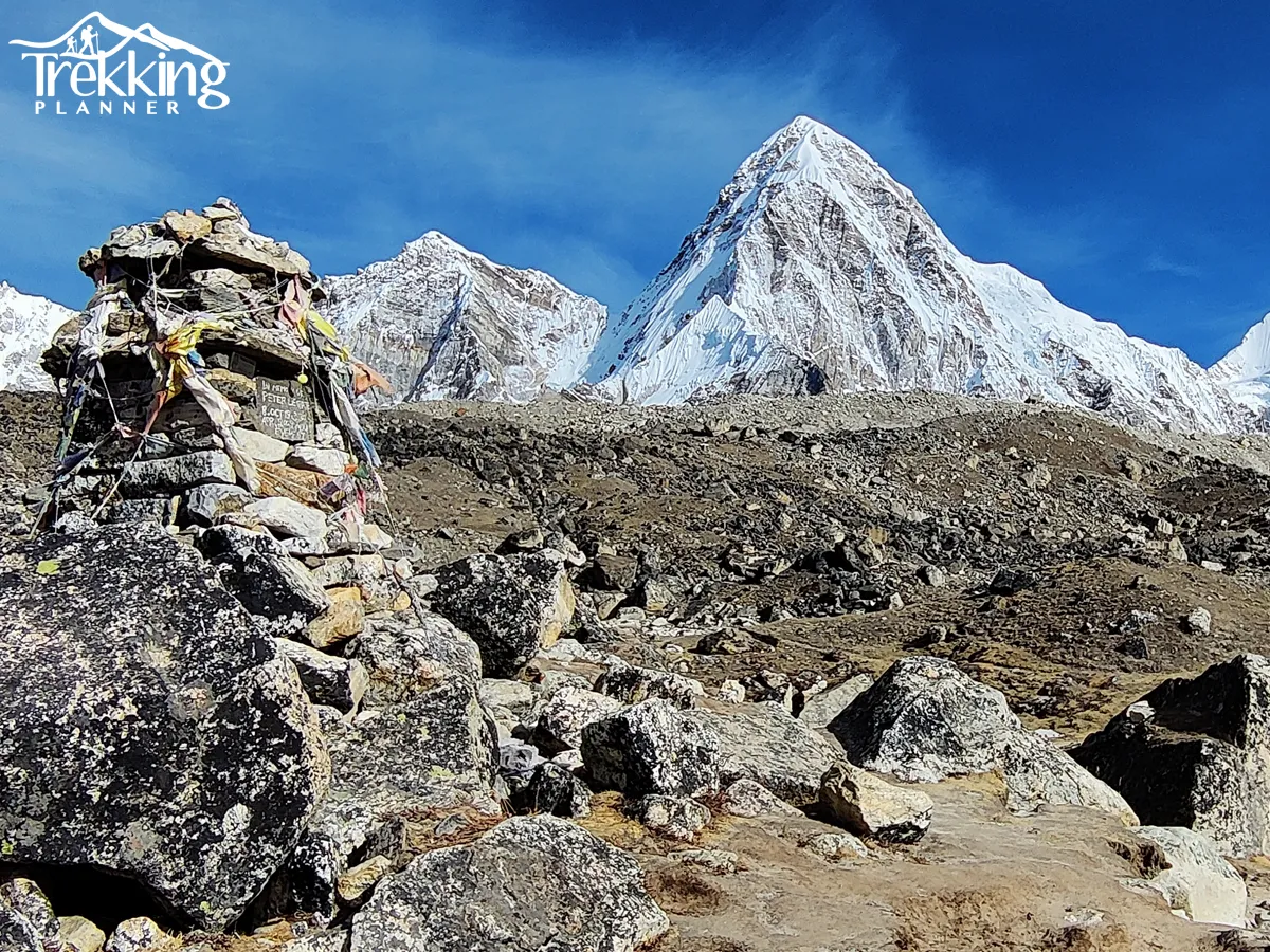 Trekkers enjoying Everest mountain views before helicopter return from Everest region