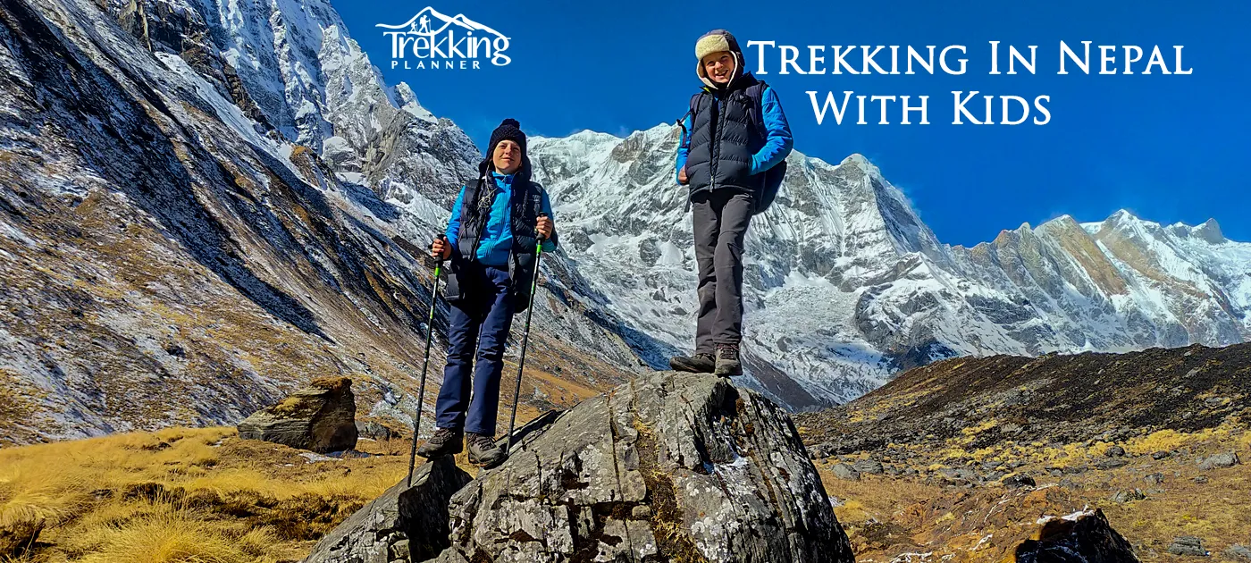 Family trekking with kids on a scenic Himalayan trail enjoying nature walk in Nepal