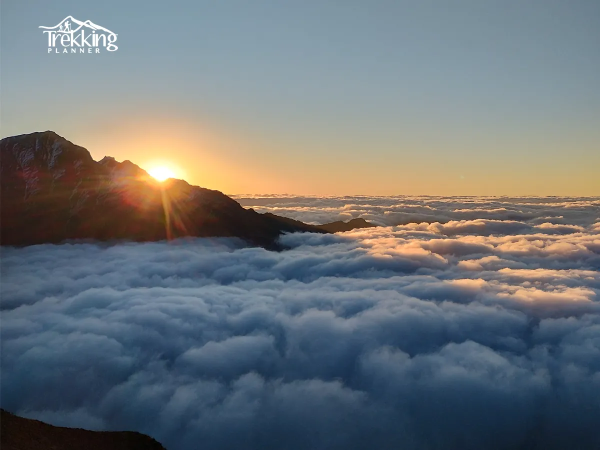 Sunrise over Ganesh Himal mountain range viewed from base camp trekking area