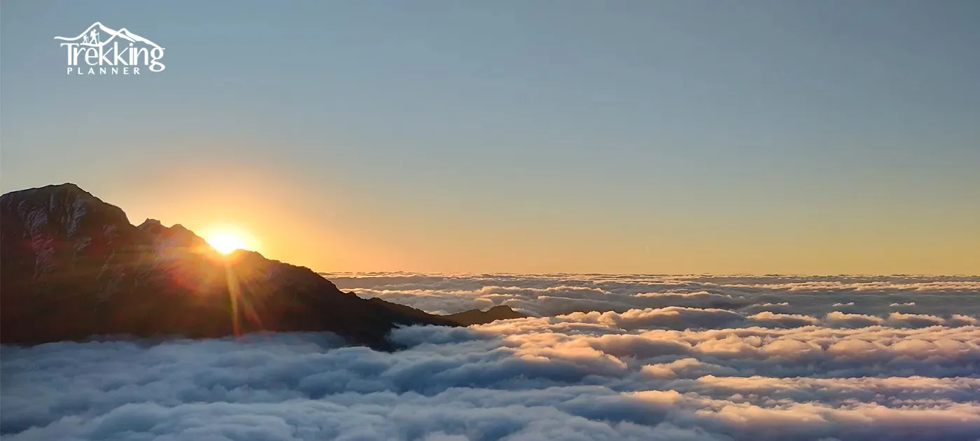 Sunrise view over Ganesh Himal mountains during trekking expedition
