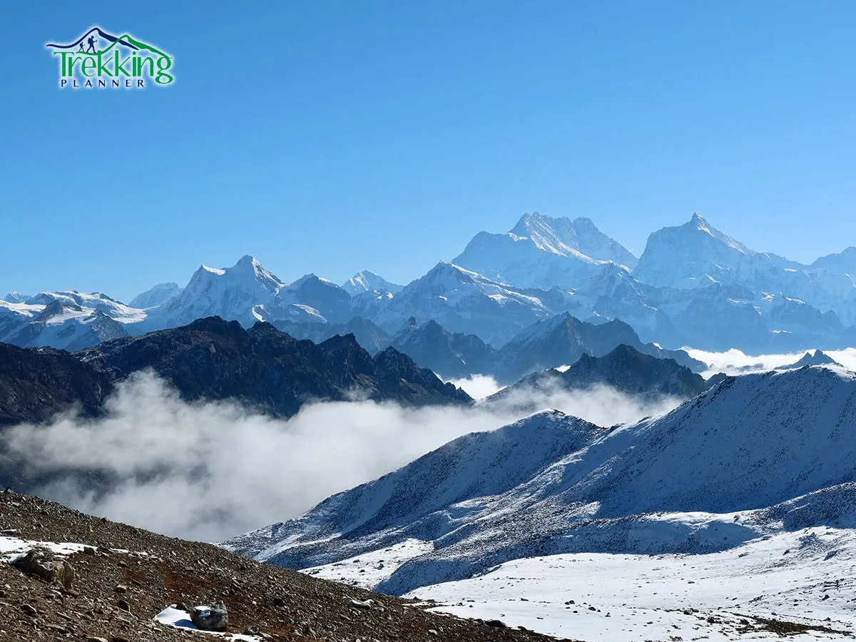 Wide view of Kanchenjunga glacier and snow-covered peaks during base camp trekking route