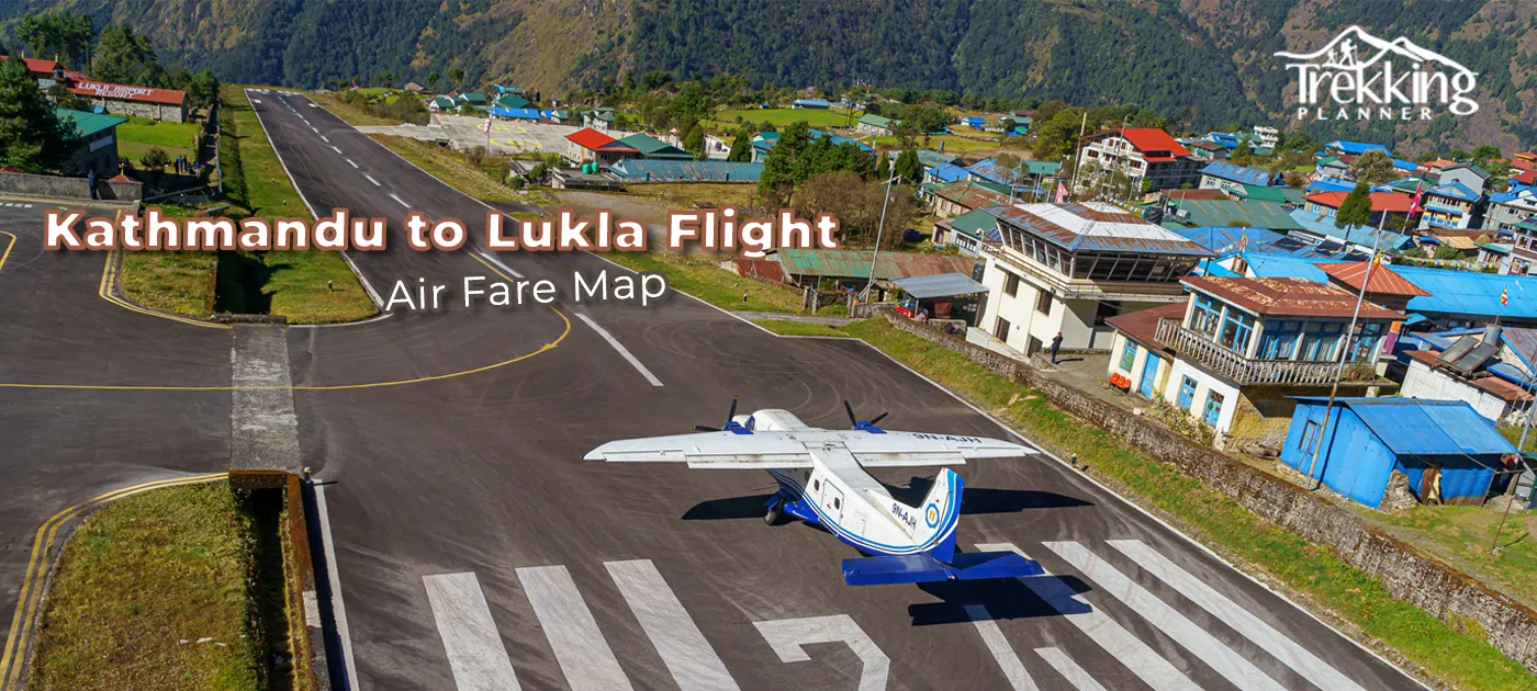 Kathmandu to Lukla flight air fare map showing the flight route, distance, and ticket prices for Everest region travel.