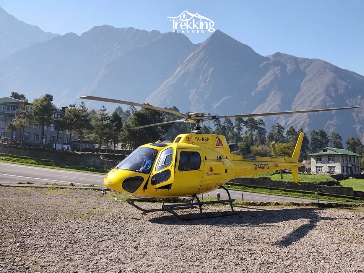 Helicopter parked at Lukla Airport for Kathmandu to Lukla helicopter transfer.