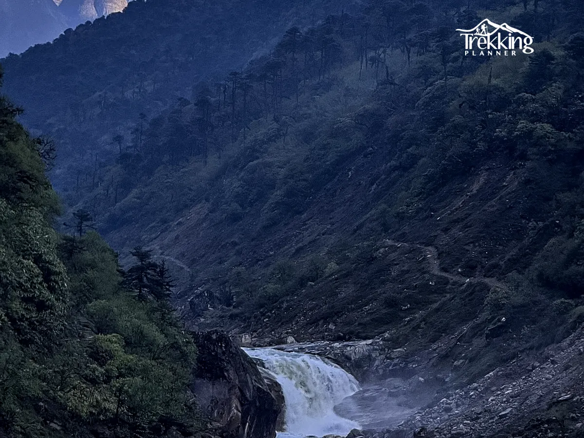 Dense forest trail and river crossing section on Makalu Base Camp trekking route