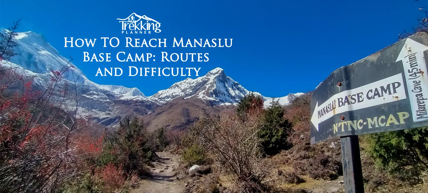 Trekking trail in Manaslu region with snowy mountains and suspension bridge on the way to base camp