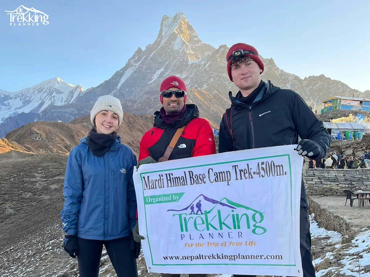 Wide panoramic view of Mount Machhapuchhre and surrounding Himalayas seen from Mardi Himal Trek