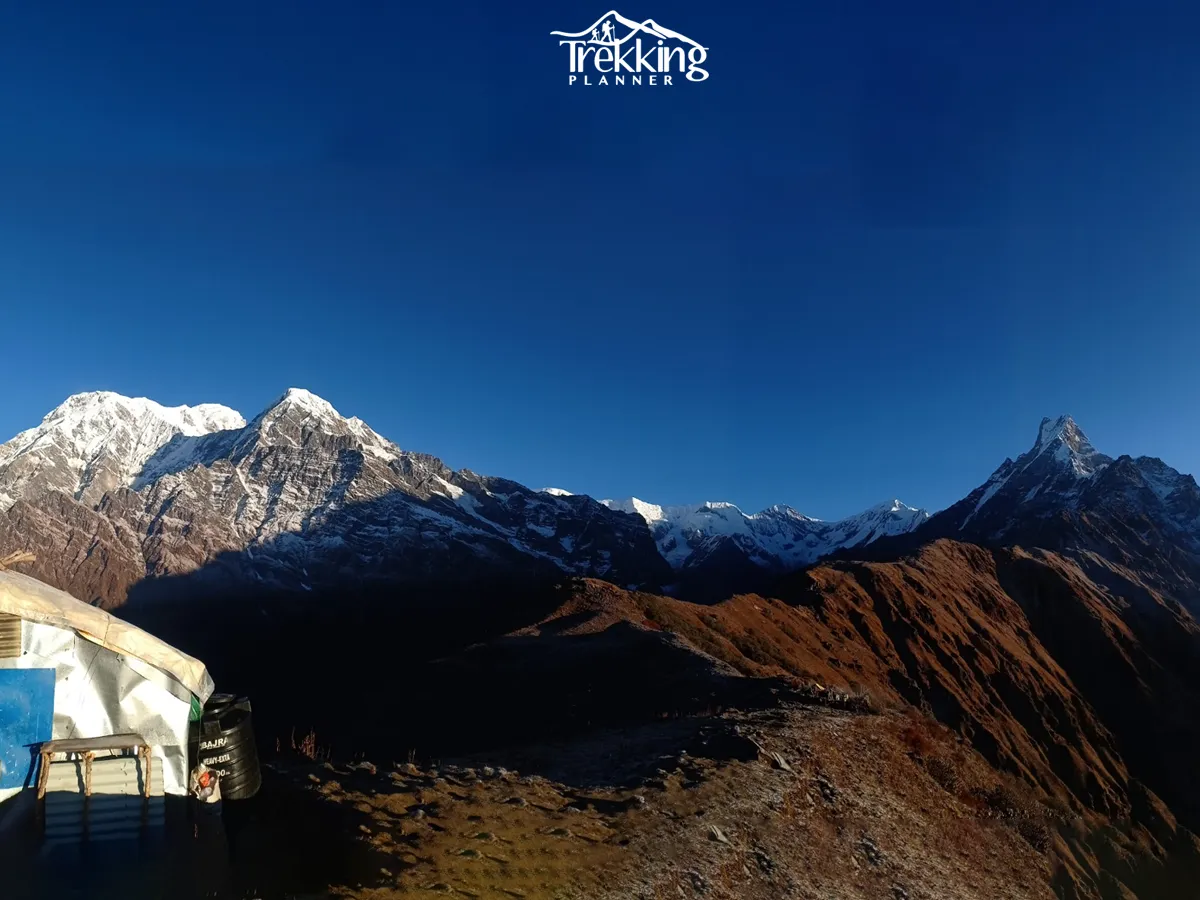 Panoramic view of Mardi Himal, Machhapuchhre (Fishtail), and the Annapurna range from the Mardi Himal Trekking trail in Nepal.