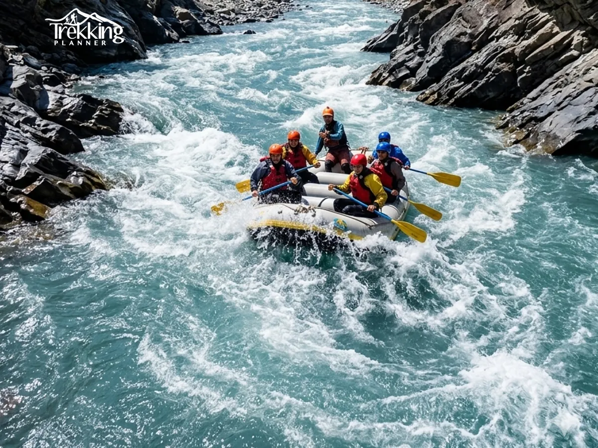 Close-up action shot of raft navigating strong white water rapids on Marshyangdi River