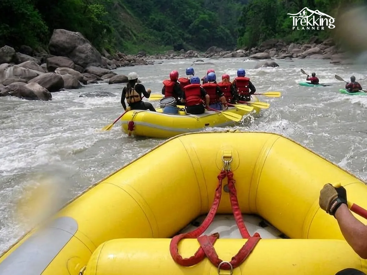 Close view of inflatable raft navigating fast flowing Modi River rapids in Nepal
