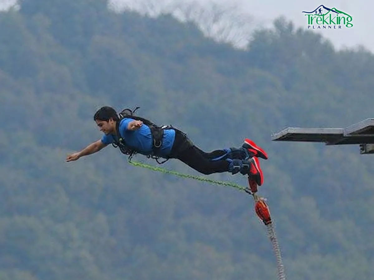 High suspension bridge bungee jumping platform in Nepal overlooking deep valley