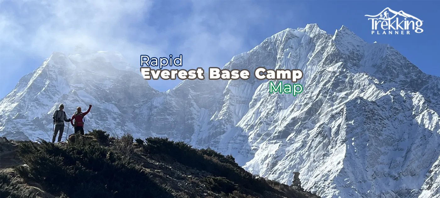 Rapid Everest Base Camp Trek map showing the trekking route from Lukla to Everest Base Camp via Namche Bazaar, Tengboche, Dingboche, Lobuche, and Gorak Shep.
