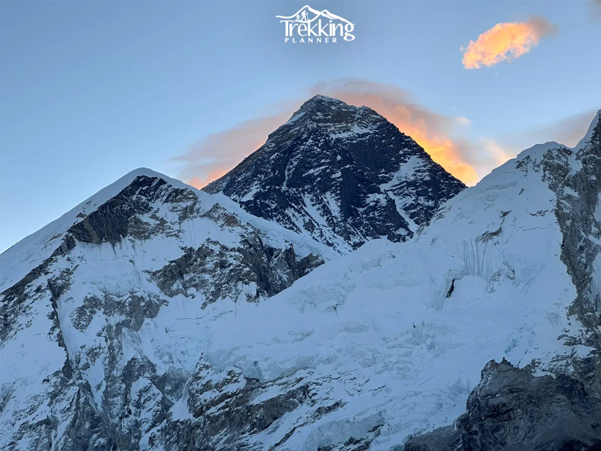Stunning close-up view of Mount Everest at sunrise during the Rapid Everest Base Camp Trek in Nepal.