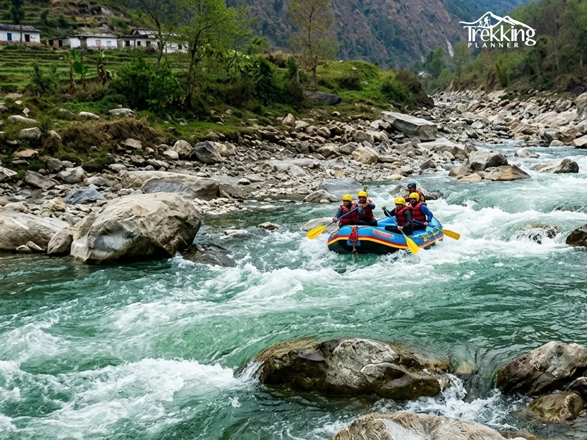 Scenic Modi River rafting experience with green forest and mountains in background Nepal