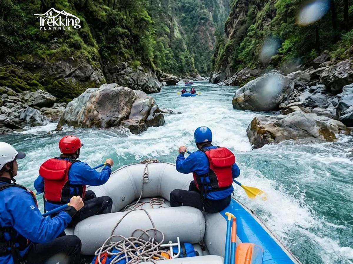 Scenic view of Sunkoshi River with rafting boat passing through Himalayan foothills