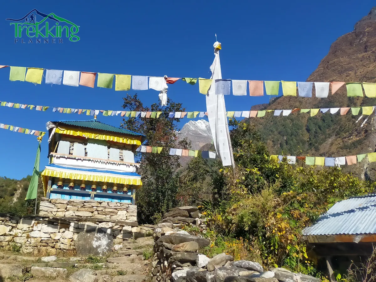 Ancient Buddhist monastery in Tsum Valley during trekking journey