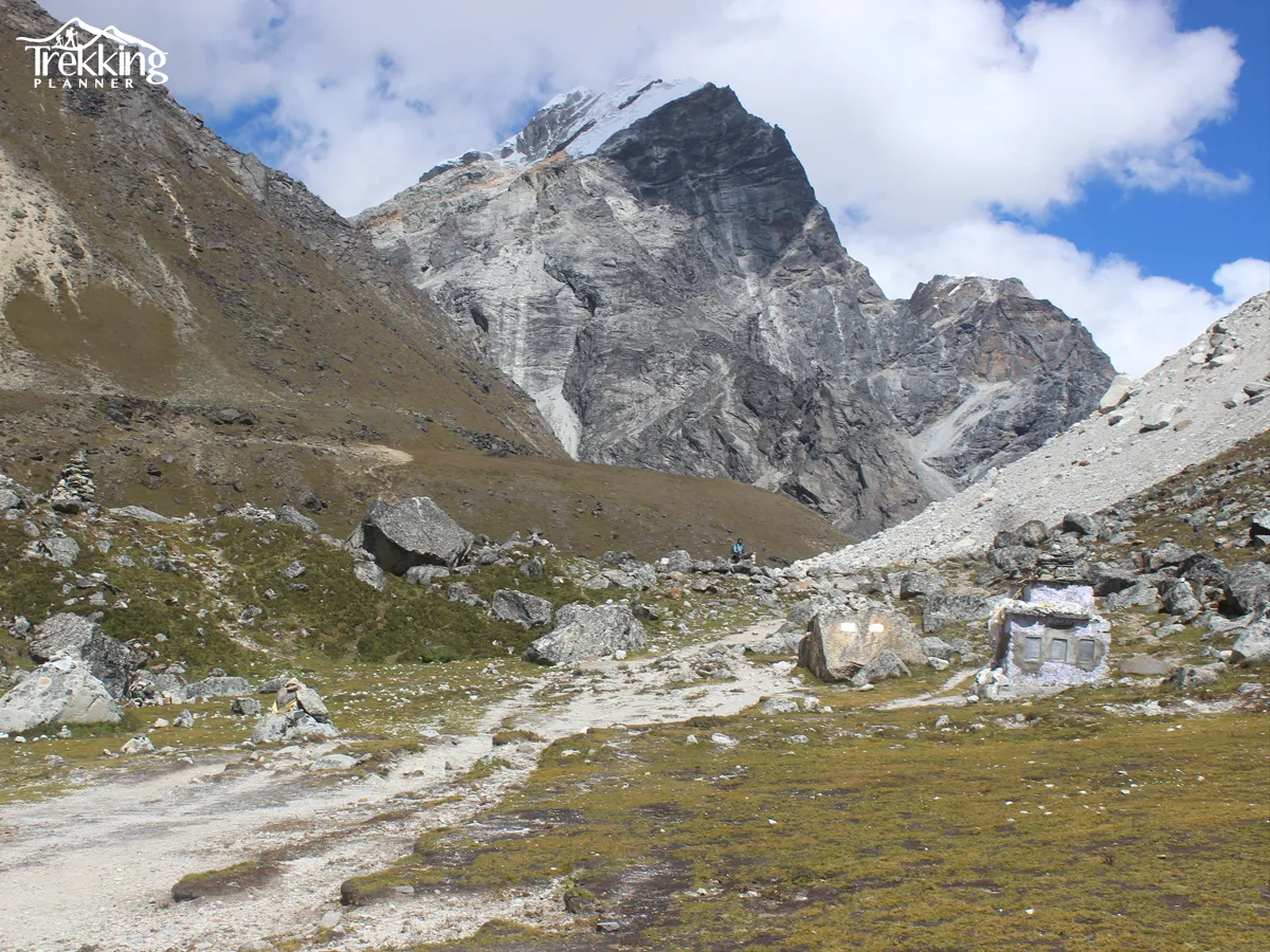 Tengboche Monastery decorated for the Mani Rimdu Festival with Everest peaks in the background.