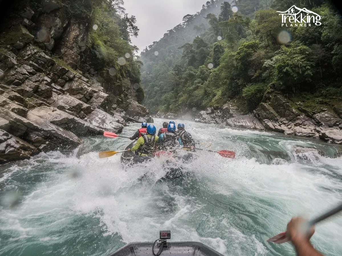 Group of tourists rafting in Trishuli River Nepal during adventure tour