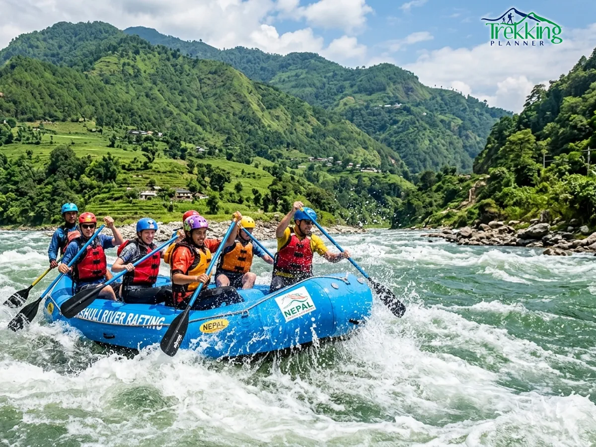 White water rafting adventure on Trishuli River in Nepal with tourists navigating fast rapids