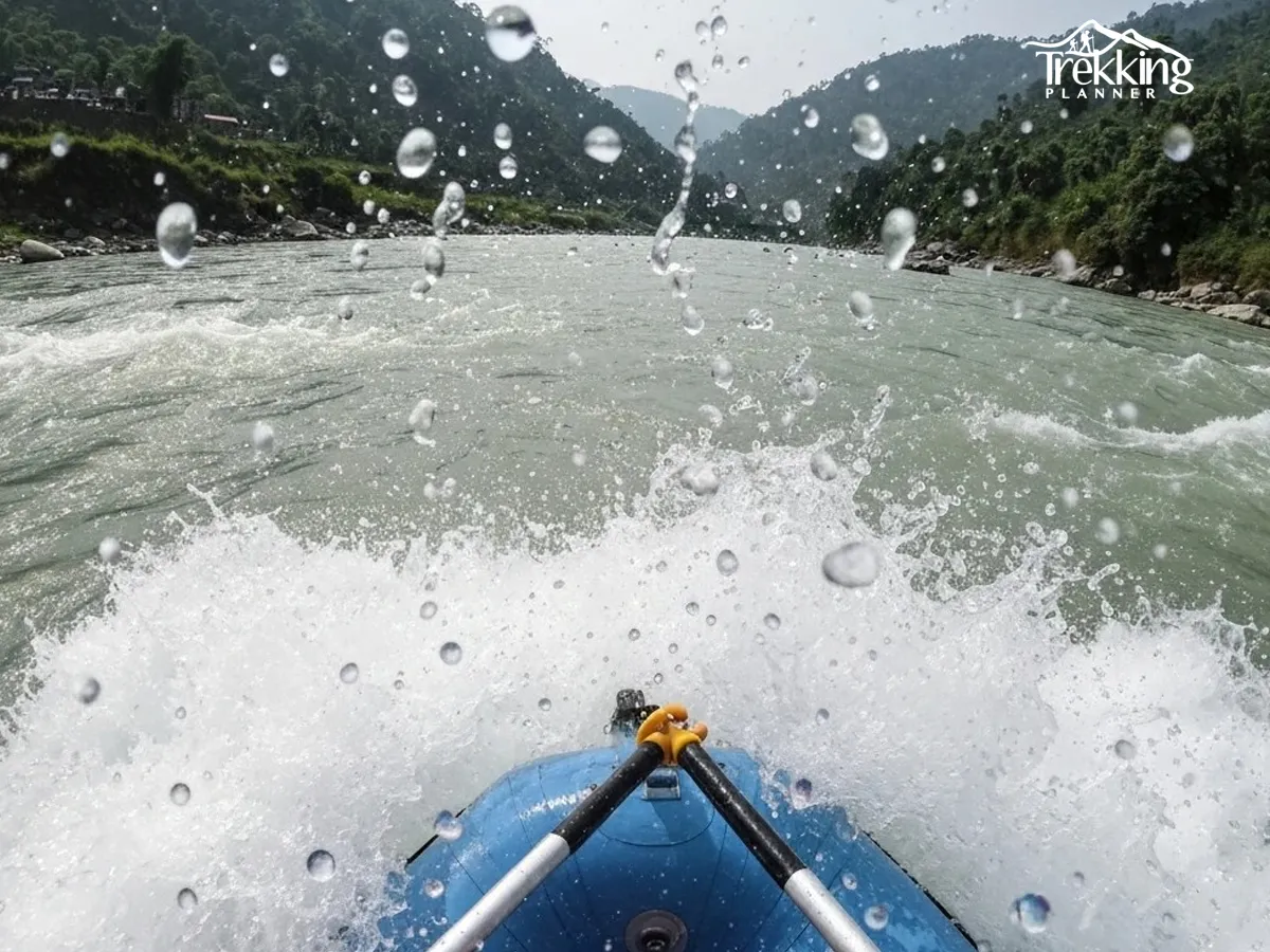 Rafting adventure on Trishuli River with white water rapids and Himalayan backdrop