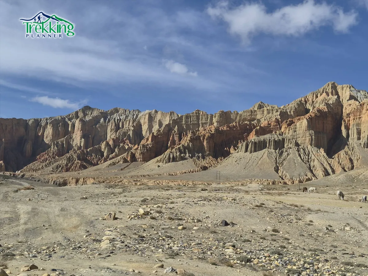 Group of trekkers walking on Upper Mustang Damodar Lake Trek route in rocky Himalayan desert terrain