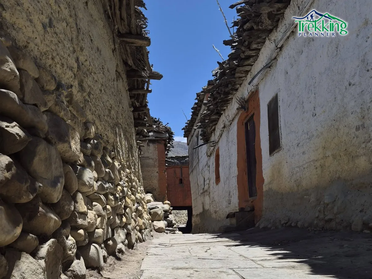 Wide panoramic view of Upper Mustang desert mountains along Damodar Lake Trek route under clear sky