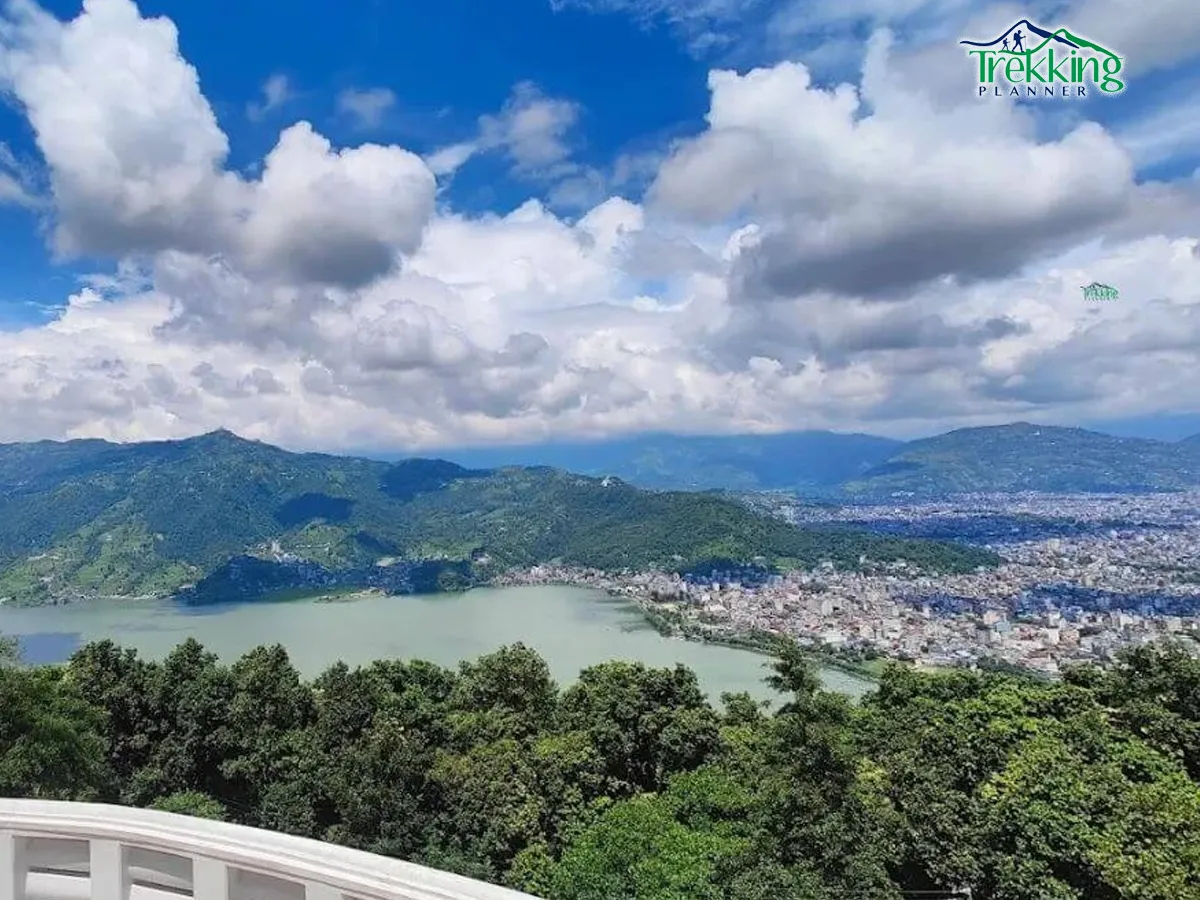 World Peace Pagoda perched above Phewa Lake with panoramic views of Pokhara and the Annapurna mountains
