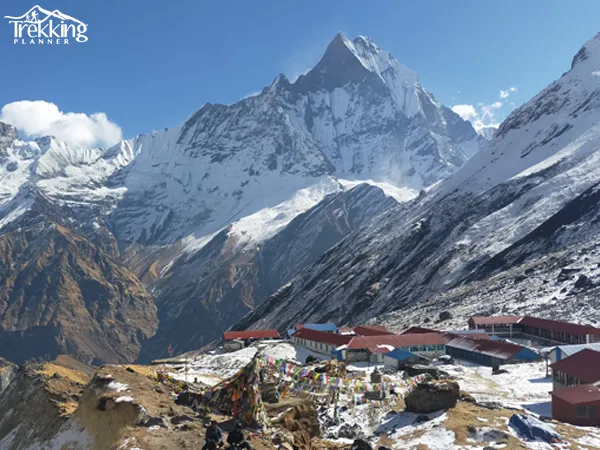 Trekking trail on the Annapurna Circuit Short Trek with snow-covered Himalayan mountains in the background