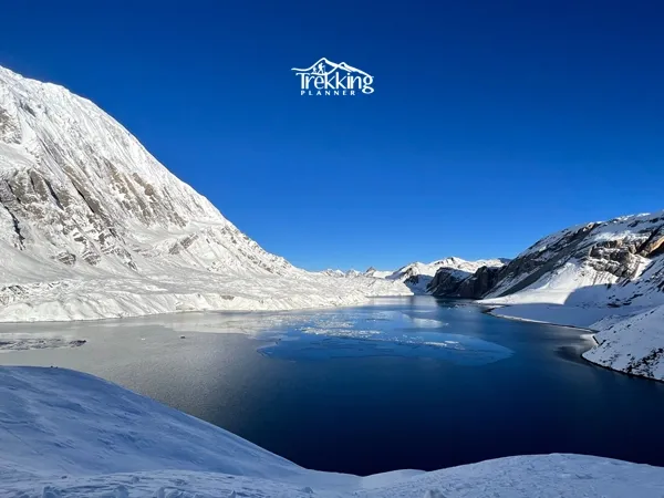 Frozen Tilicho Lake during the Annapurna Circuit Trek with Tilicho Lake and Annapurna Base Camp Trek in Nepal.