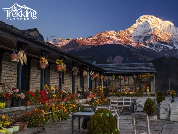 Luxury trekking lodge with panoramic Himalayan mountain view during Annapurna Luxury Lodge Trekking